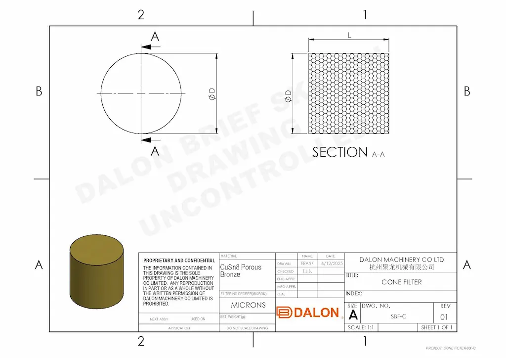 filtre à poudre frittée Dessin technique