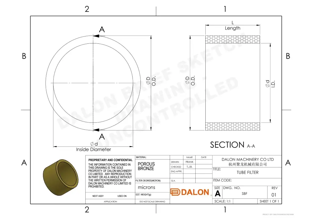 sintered bronze filter Technical Drawing
