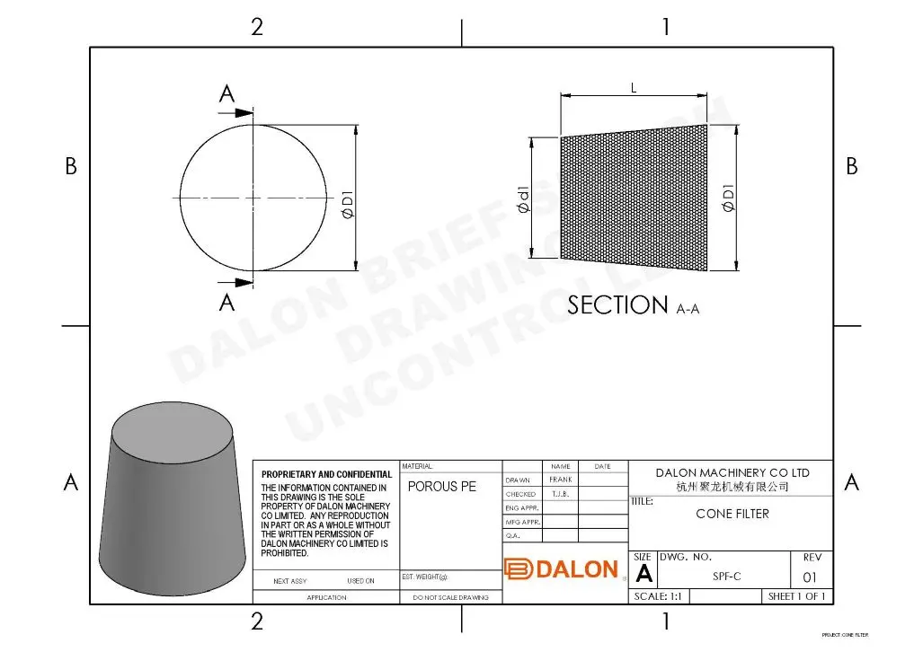 conical sintered filter Technical Drawing