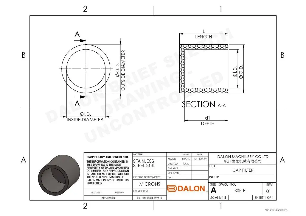 316L Sintered Filter Technical Drawing