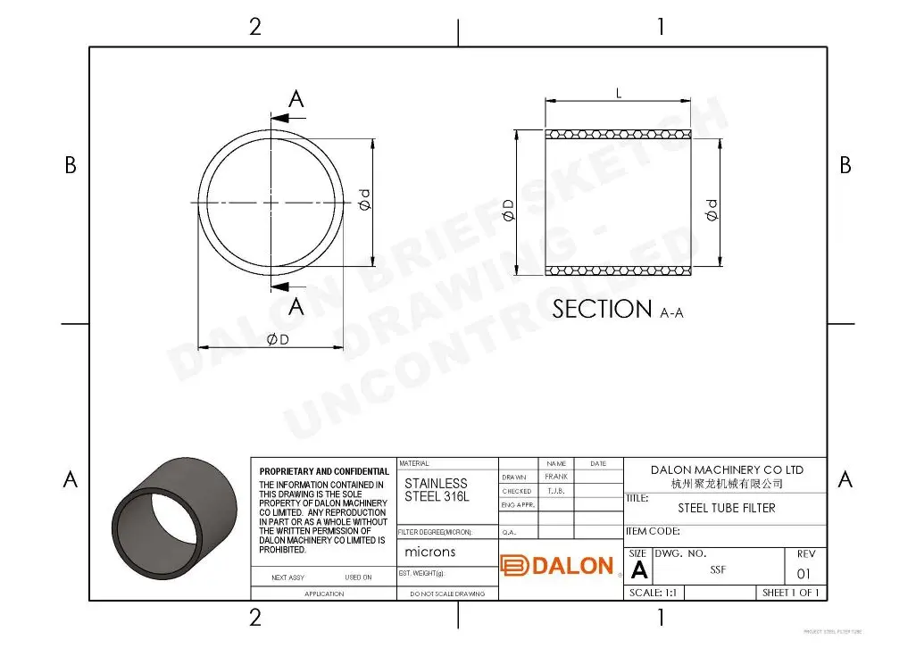 316 Sintered Stainless Steel filter Technical Drawing